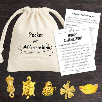 1 Set Of 7 Pcs Pocket Of Money Affirmations & Prosperity Charm Bag With Affirmation Card, Wealth Trinkets For Positive Energy, Portable Mindfulness Gift For Housewarming, Weddings, Birthdays, Retirement Accessory | Symbolic Trinkets | Burlap Money Bag, Christmas Gifts