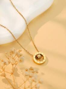 1 件奢华锆石吊坠项链经典双圈不锈钢罗马数字圆形项链女士优雅珠宝 - 金色 - 查看 2