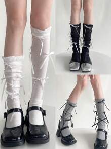 1 par de calentadores de piernas con lazo de 6 cintas en color blanco para mujeres, calcetines de nicho hechos a mano, dulces y lindos, para otoño/invierno, con adorno de encaje, cinta a rayas, puño enrollado delgado, hasta la rodilla, ajuste de punto ceñido, adecuado para vacaciones y fiestas, 2 formas de usar