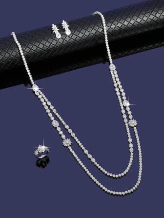 3pcs/Set Silver Luxury Fashionable Saudia Style Cubic Zirconia Sweater Long Double Necklace,Earrings,Open Ring Jewelry Set For Women Party Gifts