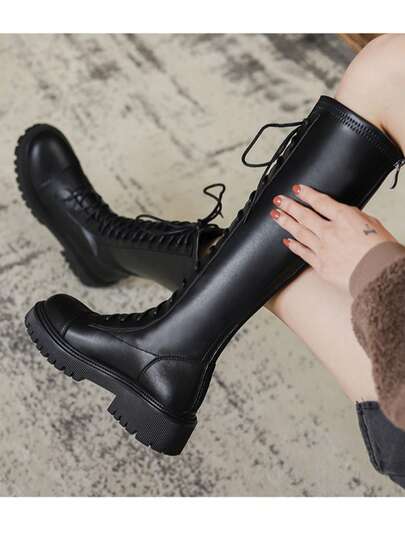 Black Tall Boots For Women, Thick Sole Elevator, Lace-Up Motorcycle Style, Height Increasing Magical Item For Autumn/Winter, Casual Daily Wear, Versatile, Zipper Design Knee-High Boots