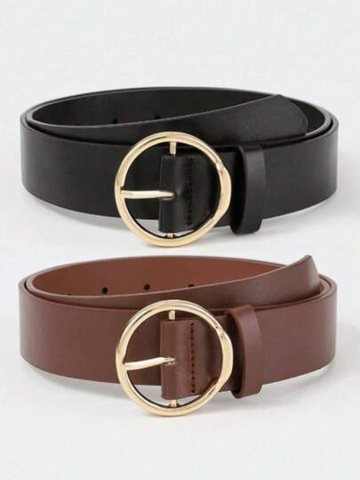 2pcs Fashionable Gold Round Buckle High-Quality PU Leather Belt, Minimalist Versatile Unisex Jeans Belt - Adjustable