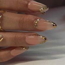 DAlmond Pr On Nails Medium  On Nails Gold French Fake Nails 3D Gold Lines And Pearl Acrylic Nails Nude Translucent Nails Pr Ons Simple And Reusable Stick On Nails For Women 24 Pcs7001 - vàng-2 - Xem 5