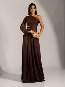 Long Dress For Bridesmaids Wedding Graduation One Elegant Sleeve - Rust Brown - View 2
