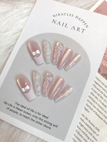 Summer Nail Art Is Gentle And Sweet. The 10-Piece Set Includes A Long-Style Coffin-Shaped Pink French-Style White Three-Dimensional Bow, Hand-Painted Pink Bow, Hearts, And Shiny Fine Glitter To Enhance Whiteness, Making It A Sophisticated And High-End Style Nail Art For Wearing.
