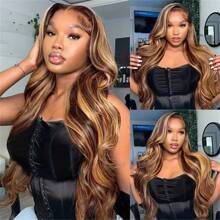 VIOLLY 亮点渐变色 13x4 大面积透明蕾丝前部手工编织真人发假发 200 密度 28 英寸长身体波浪蜂蜜金色巴西真人发混合假发 - 混合真人发和合成预拔发际线和预漂白隐形结适合女性在日常或节日场合佩戴假发 - SP4/27 - 查看 5