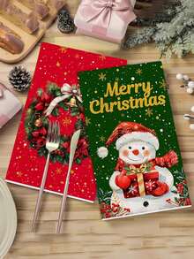 4Pcs 40*60cm/15.74*23.63inch Christmas Wreath Gold Snowflake Red Background Green Background Cleaning Cloth Dish Towel Santa Claus Christmas Tree Holiday Towel Home Kitchen Absorbent Cloth Holiday Tabletop Decor Fabric Christmas Party Decoration Cleaning Decor, Suitable For Christmas Home Kitchen Hand Towel, Decorative Towel. - Multicolor - View 6