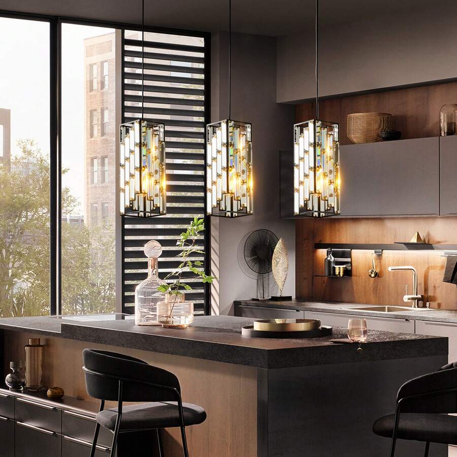 Modern Crystal Pendant Light - 3 Pack, Adjustable Hanging Ceiling Lamp With Crystal Prism Design For Dining Room, Kitchen Island, And Living Room -Black Finish - màu đen - Xem 1