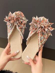 1 双女士花卉印花仿珍珠装饰平底拖鞋，3D 花卉装饰轻便凉鞋，圆头夏季拖鞋，适合日常外出、节日派对和家居穿着 - 紅色 - 查看 6