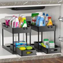 2-Piece Sink Under-Sink Storage Rack, Two-Tier Kitchen Cabinet Storage Rack, Double-Layer Sliding Cabinet Basket Storage Drawer, Multi-Functional Bathroom Collection Basket In Black, Suitable For Bathroom And Kitchen Countertop Under-Sink Storage Rack, Equipped With 10 Hooks And 4 Baskets.