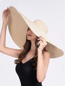 1pc Oversized Foldable Brim Summer Beach Straw Hat, Bohemian Style Sun Protection Hat For Travel & Beach - White - View 4