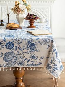 1 件蓝色花卉流苏桌布，复古风格，带流苏，涤纶纤维材质，可水洗，适用于床头柜、餐桌、咖啡桌、沙发套、农舍家居、家庭用餐、厨房、晚餐、派对、感恩节、秋季装饰、四季装饰 - 藍色 - 查看 18