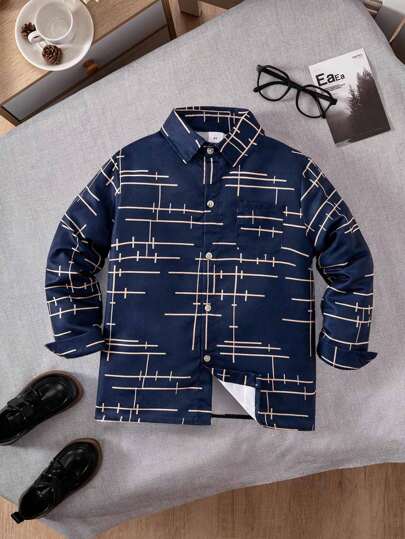 Tween Boy 休闲不对称条纹长袖衬衫，带口袋，适合正式场合、聚会和表演