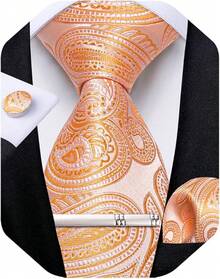 Conjunto de corbata de seda con estampado floral, incluye pinza de corbata, pañuelo y gemelos - Coral Paisley - Ver 1