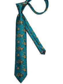 Conjunto de corbata de seda con estampado floral, incluye pinza de corbata, pañuelo y gemelos - Verde azulado y dorado - Ver 9
