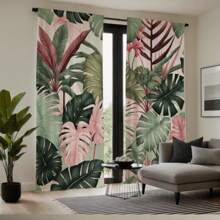 2 Pcs Tropical Leaf Print Curtains - Light Filtering Polyester Curtains With Rod Pocket Design For Living Room, Bedroom, Study - Art Deco Style, Machine Washable, No Rod, Living Room Curtains