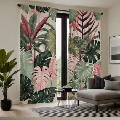 2 pezzi Tende trasparenti con stampa a foglie tropicali - Pannelli di tende in voile con passante per asta, adatti per soggiorno, camera da letto, studio - Stile decorativo artistico, lavabili in lavatrice, aste per tende non incluse