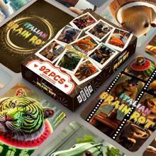 Zestawy kart Brain Rot (1 szt. – 92 szt.), 60 kart i 32 naklejki, Tung Tung Sahur, Tralalero Tralala i Schimpansinni Bananini, Drewniane karty kolekcjonerskie z patyczakami i rekinami, Prezenty urodzinowe dla fanów i przyjaciół