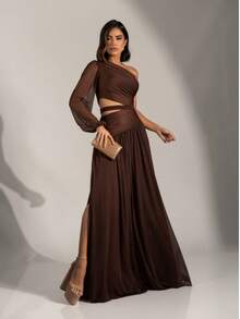 Long Dress For Bridesmaids Wedding Graduation One Elegant Sleeve - Rust Brown - View 1