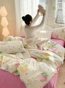 3 件套加厚涤纶清新印花可水洗床上用品套装，适合男孩和女孩宿舍，包括 1 个羽绒被套和 2 个枕套（无填充物）