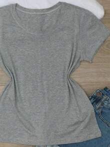 Women's Basic Viscolycra Blouse Round Neck Baby Look Short Sleeve - 灰色 - 查看 4