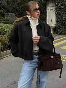 Áo khoác bomber nữ, áo khoác mùa xuân, áo khoác dáng rộng tay dài có khóa kéo kiểu retro, áo khoác kiểu mới, áo khoác ngoài màu xanh lá cây và đen. - màu đen - Xem 4