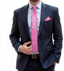 Conjunto de corbata de seda con estampado floral, incluye pinza de corbata, pañuelo y gemelos - Rosa - Ver 2