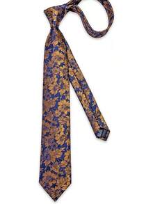Silk Floral Necktie Set With Tie Clip, Handkerchief & Cufflinks - Blue and Gold - View 2