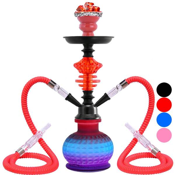 Juego portátil de shisha con accesorios, incluye 2 mangueras, tazón de cerámica, botella de vidrio y todos los accesorios necesarios para un pequeño hookah de 14 pulgadas para usar en casa
