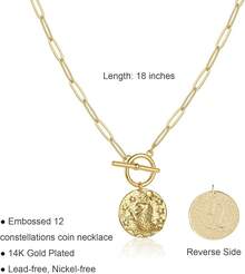 Zodiac Coin Embossed Choker Necklace Disc 12 Astrology Horoscope 14K Gold Plated Round Pendant Personalized Necklace Women Men - G 獅子座(7月23日-8月22日) - 查看 9