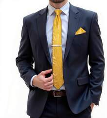 Conjunto de corbata de seda con estampado floral, incluye pinza de corbata, pañuelo y gemelos - Naranja - Ver 3