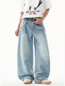 1件男士褶皱宽松牛仔裤，街头风阔腿裤（不含腰带和配饰） - 藍色 - 查看 1