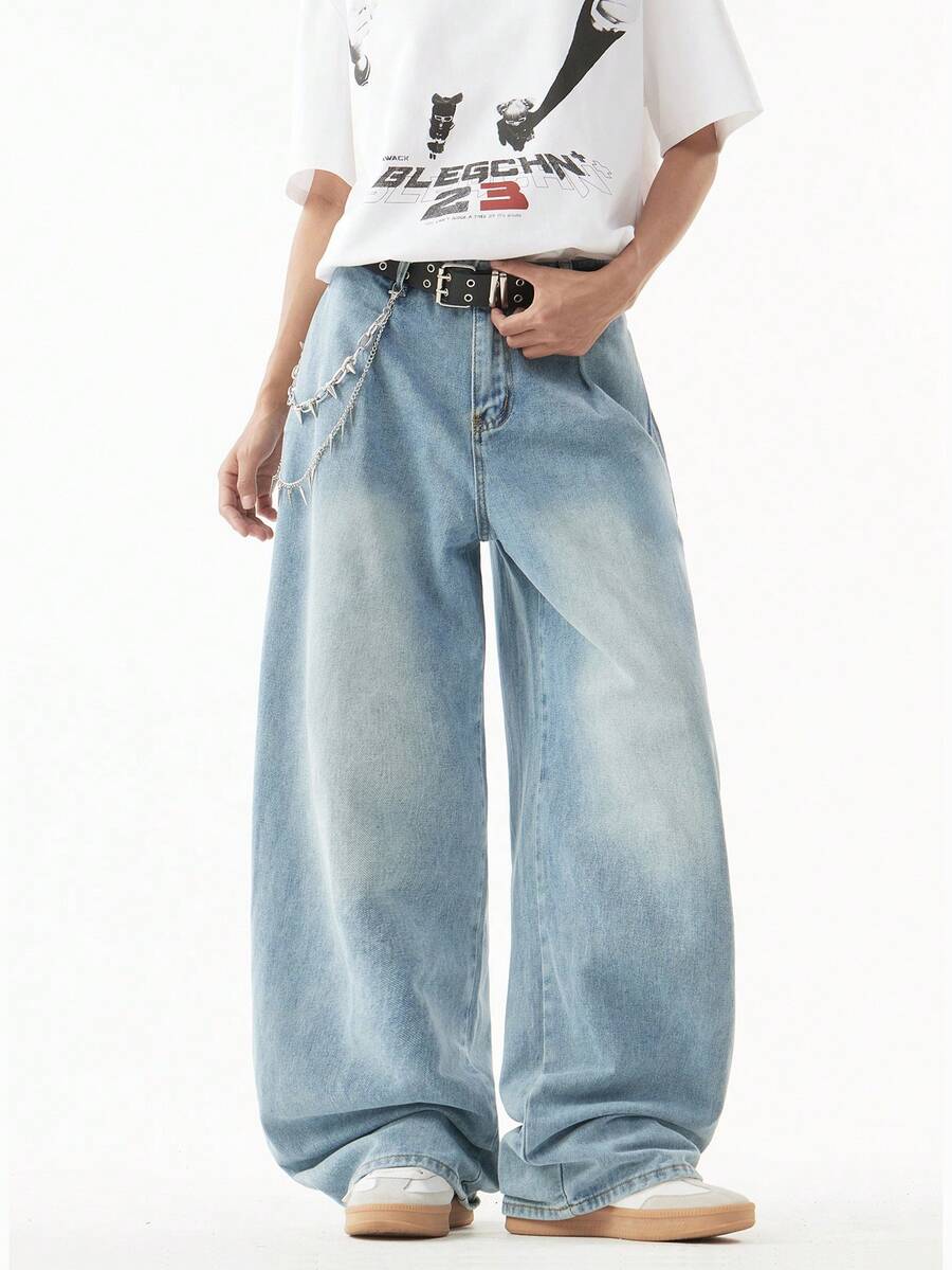 1件男士褶皱宽松牛仔裤，街头风阔腿裤（不含腰带和配饰） - 藍色 - 查看 1