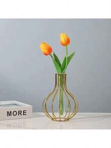 1pc Gold Geometric Metal Hydroponic Vase With Test Tube Rack | Modern Minimalist Retro Decor For Living Room, Office, Home | Elevated Floral Arrangement Vase, Wedding Party Floor Vase, Home Decoration Room Decor Flower Vase Glass Vase - Gold - View 15