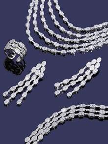 4pcs Fashionable Cubic Zirconia Luxurious Wedding & Evening Five Layered Necklace, Earrings, Bracelet, Open Ring For Women's Daily Wear - Set - View 4