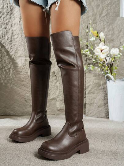 Go With Dress,Women's Fashion Boots European And American Niche Thick Heel Thick Bottom Lightweight Western Pile Boots Pleated Boots Women's Autumn And Winter New Retro Motorcycle Boots Slim Fashion Knight Boots Brown Long Boots