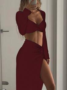 女士性感褶皱露肩短款上衣和开衩裙两件套时尚派对度假优雅节日秋冬装