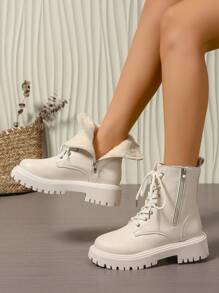 2025秋冬新款女鞋保暖女靴时尚百搭休闲女鞋真皮踝靴平底短靴系带侧拉链女靴经典款靴子