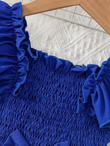 Váy suông chữ A trễ vai nhún bèo thời trang cho bé gái, thích hợp mặc hàng ngày, ở nhà, ngoài trời, mùa hè - Xanh và trắng - Xem 7