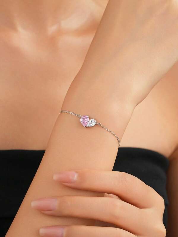 1pc Elegant & Chic Cubic Zirconia Silver Jewelry Heart-Shaped S925 Sterling Silver Bracelet Gift Box Set, Suitable For Women's Daily Wear, Gift For Holidays, Parties, Beach Vacation, Music Festivals