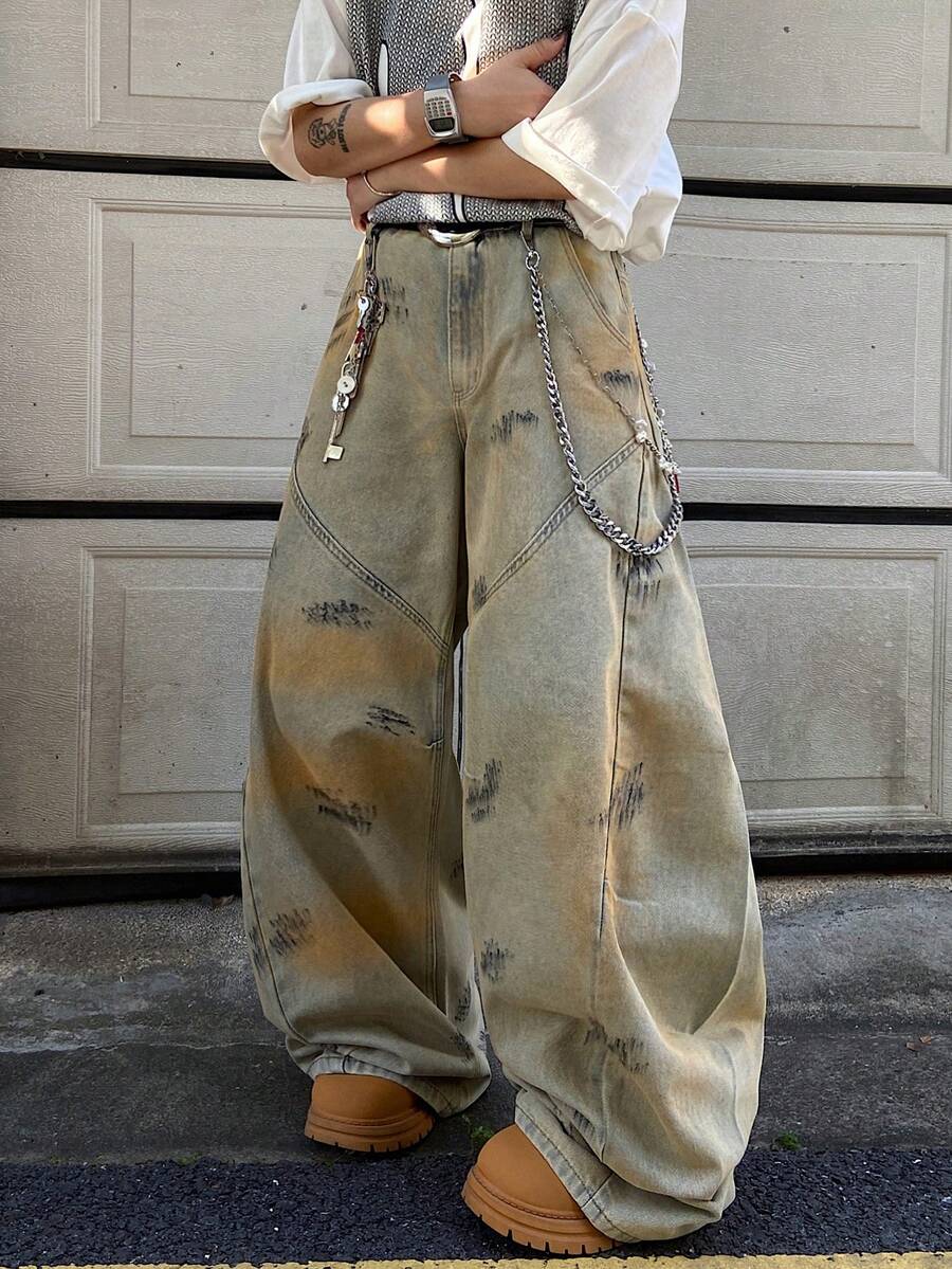 1pc Vintage American Design Mud Dye Wash Patchwork Handpainted Barrel Leg Jeans (Product Does Not Include Belt And Accessories) - Yellow - View 1