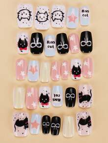 30 片短方形海滩必备按压式指甲艺术贴片，适合女士/万圣节指甲/卡通印花/附带 1 块果冻胶和 1 条摩擦条，美甲用品 - 彩色 - 查看 3