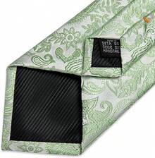 Conjunto de corbata de seda con estampado floral, incluye pinza de corbata, pañuelo y gemelos - Paisley verde salvia - Ver 2