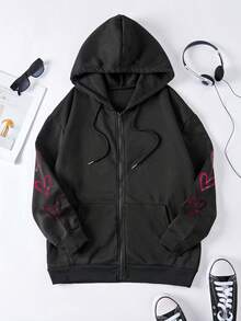 Women's Daily Skull Skeleton Hands Broken Heart HEARTLESS Hearts Pattern Graphic Zip-Up Jacket Hooded Long Sleeve Jacket Casual Spring/Summer/Fall Long Sleeve Tops Women Halloween Going Out Tops Women,Vacation Outfits Women Black Long Sleeve Top,Cute Tops,Crop Top,Tops For Women - Black - View 5