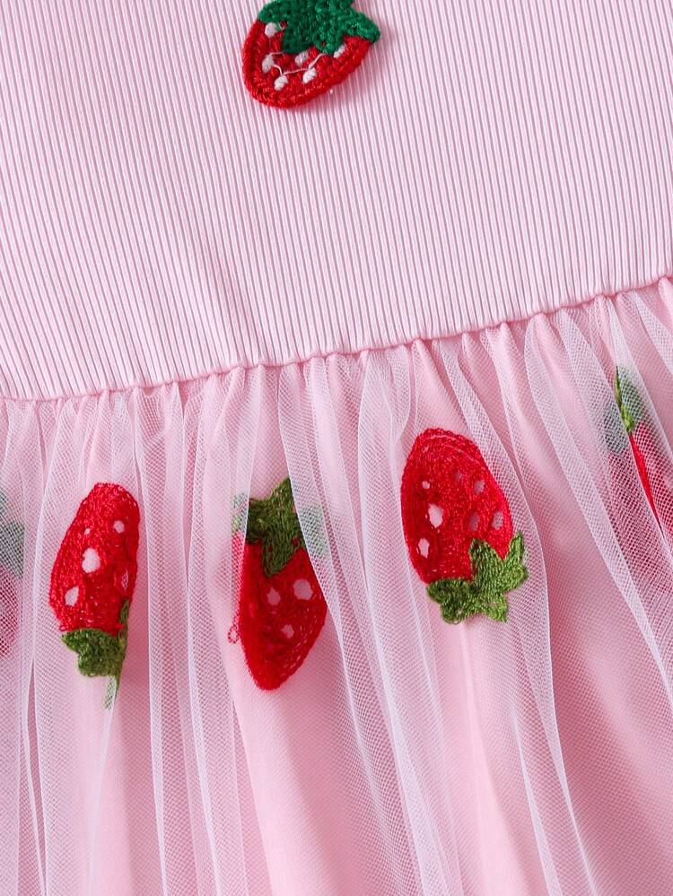 Vestido casual de moda para niñas jóvenes con mangas abullonadas de malla y estampado lindo de fresa, para primavera/verano - Rosa - Añade 7