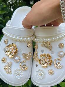 20pcs Garden Shoes DIY Golden Camellia & Faux Pearl Chain, Detachable Shoe Decorations Suitable For Hollow Beach Shoes, Sandals, Holiday Gifts, All Season - Gold - View 5