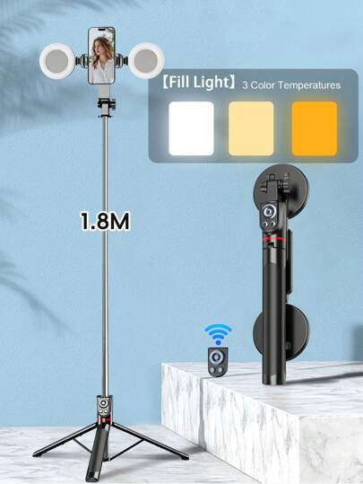 自拍杆是一款1.8米遥控无线控制手机三脚架，配备LED三色美颜补光灯，是旅行必备单品。可自由伸缩，10米距离遥控拍摄录像，是目前市面上最稳定的三脚架自拍杆，可手持可放于地面。