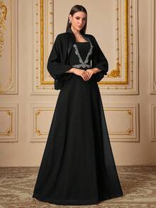 UNITHORSE UNITHORSE Women's Stand Collar Lantern Sleeve Appliques Slim-Fitting Reversible Chiffon Evening Dress