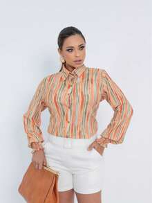 Women's Orange Striped Long Sleeve Shirt With Collar And Buttons, Elegant For Casual Or Work Look
