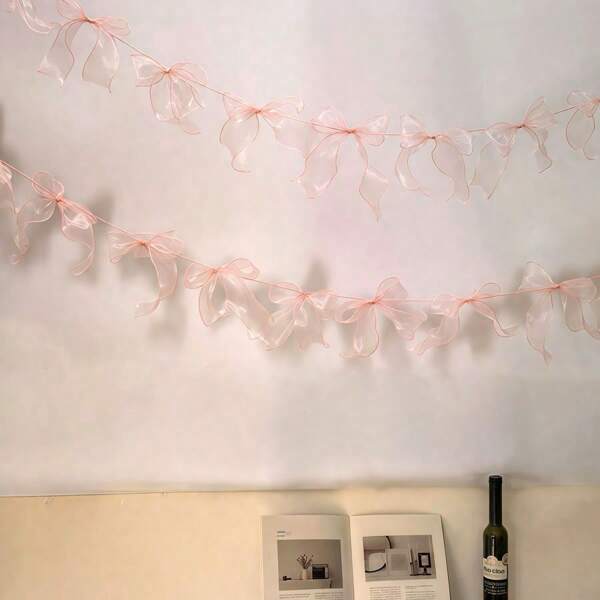 1pc Lace Bow Decor, Mother's Day, Birthday, Wedding Party Decoration Background, Pink & White Bow Garland 6pcs/12pcs, Ballet Style Party Decoration